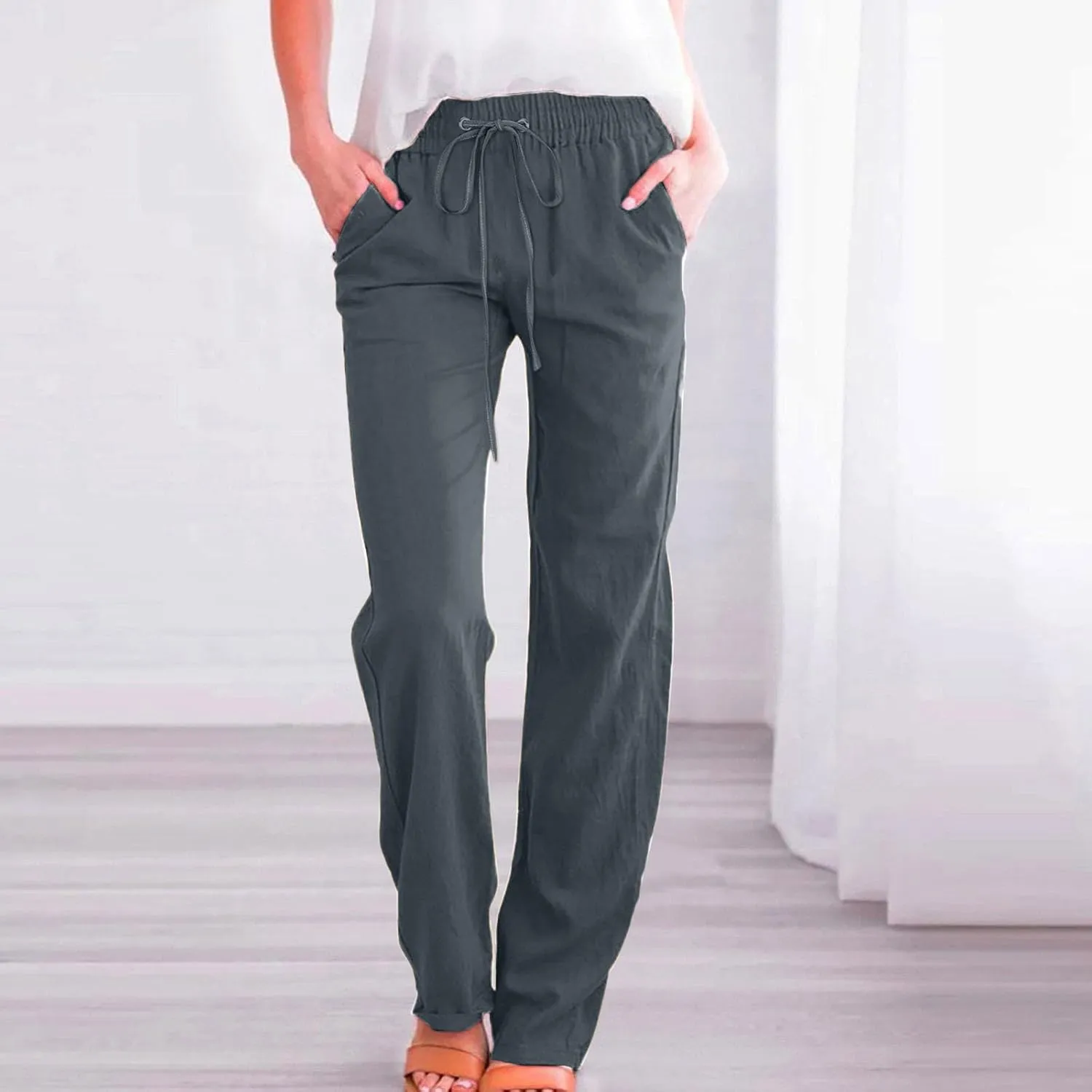Cotton Linen Pants for Women Drawstring Lightweight Pants Plus Size Wide Leg Sweatpants Summer Elastic Waist Trousers