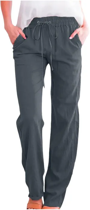 Cotton Linen Pants for Women Drawstring Lightweight Pants Plus Size Wide Leg Sweatpants Summer Elastic Waist Trousers