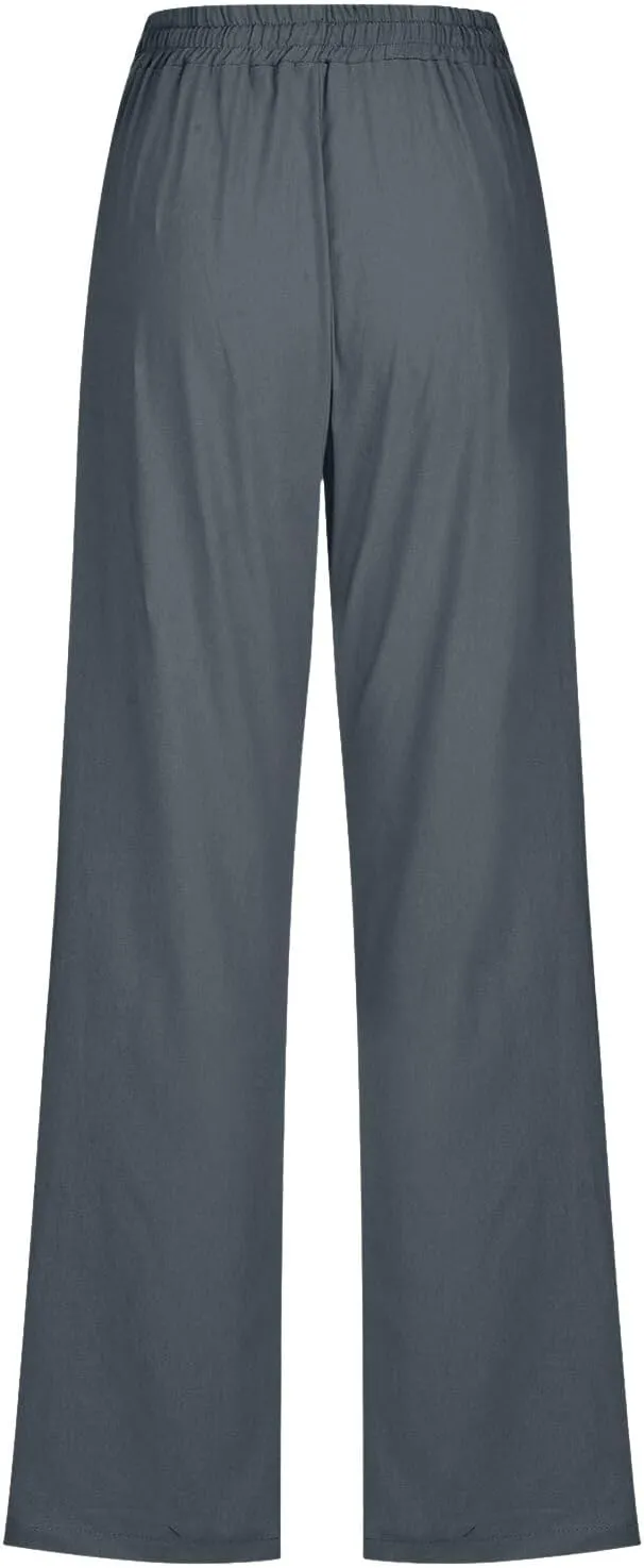 Cotton Linen Pants for Women Drawstring Lightweight Pants Plus Size Wide Leg Sweatpants Summer Elastic Waist Trousers