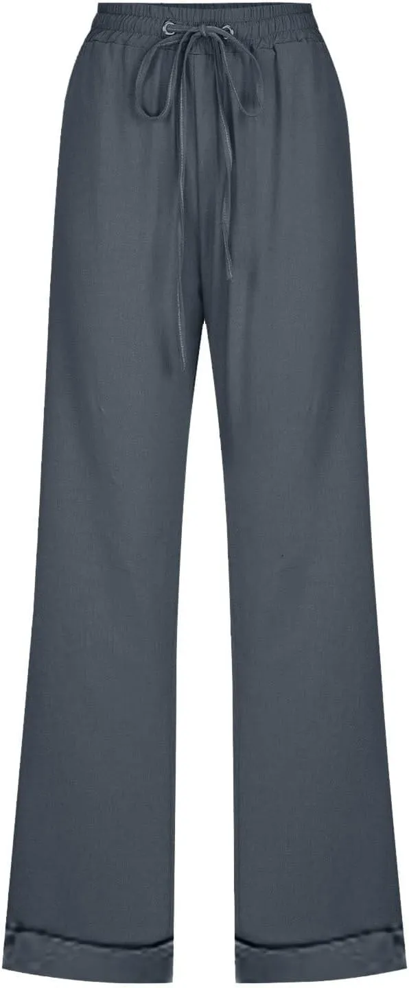 Cotton Linen Pants for Women Drawstring Lightweight Pants Plus Size Wide Leg Sweatpants Summer Elastic Waist Trousers
