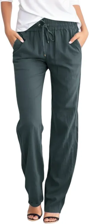 Cotton Linen Pants for Women Lightweight Summer Relax Fit Elastic Waist Plus Size Solid Lounge Long Casual Trousers