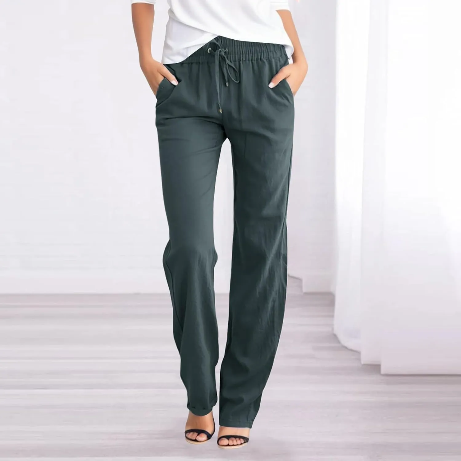 Cotton Linen Pants for Women Lightweight Summer Relax Fit Elastic Waist Plus Size Solid Lounge Long Casual Trousers