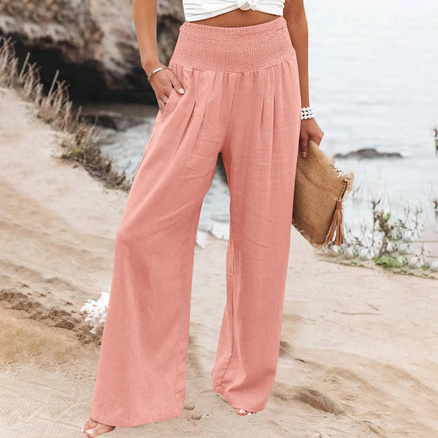 Palazzo Pants for Women Summer Boho Casual Wide Leg High Waist Lounge Linen Pants Beach Travel Vacation Trousers
