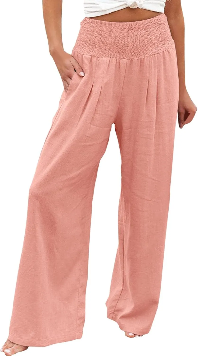 Palazzo Pants for Women Summer Boho Casual Wide Leg High Waist Lounge Linen Pants Beach Travel Vacation Trousers