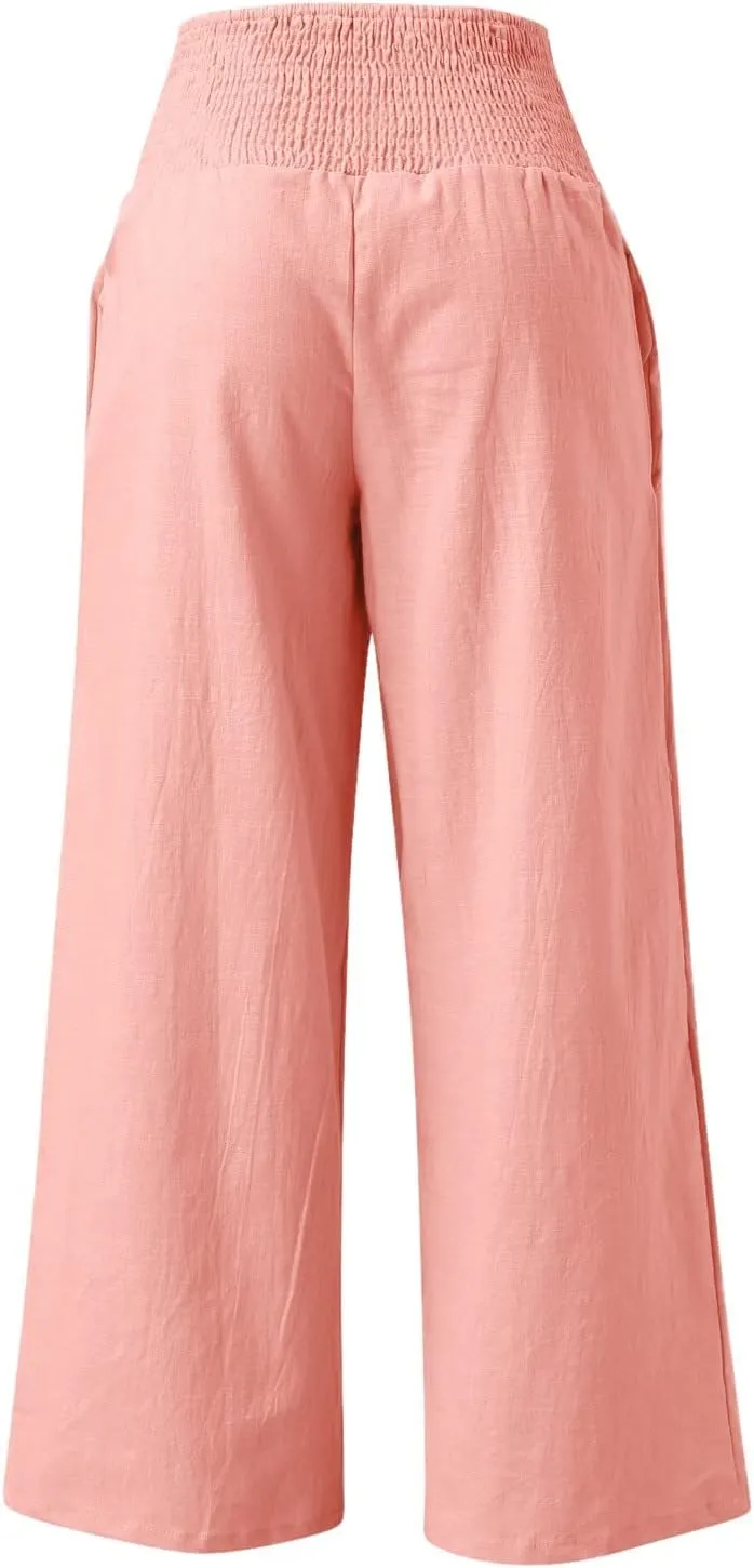 Palazzo Pants for Women Summer Boho Casual Wide Leg High Waist Lounge Linen Pants Beach Travel Vacation Trousers