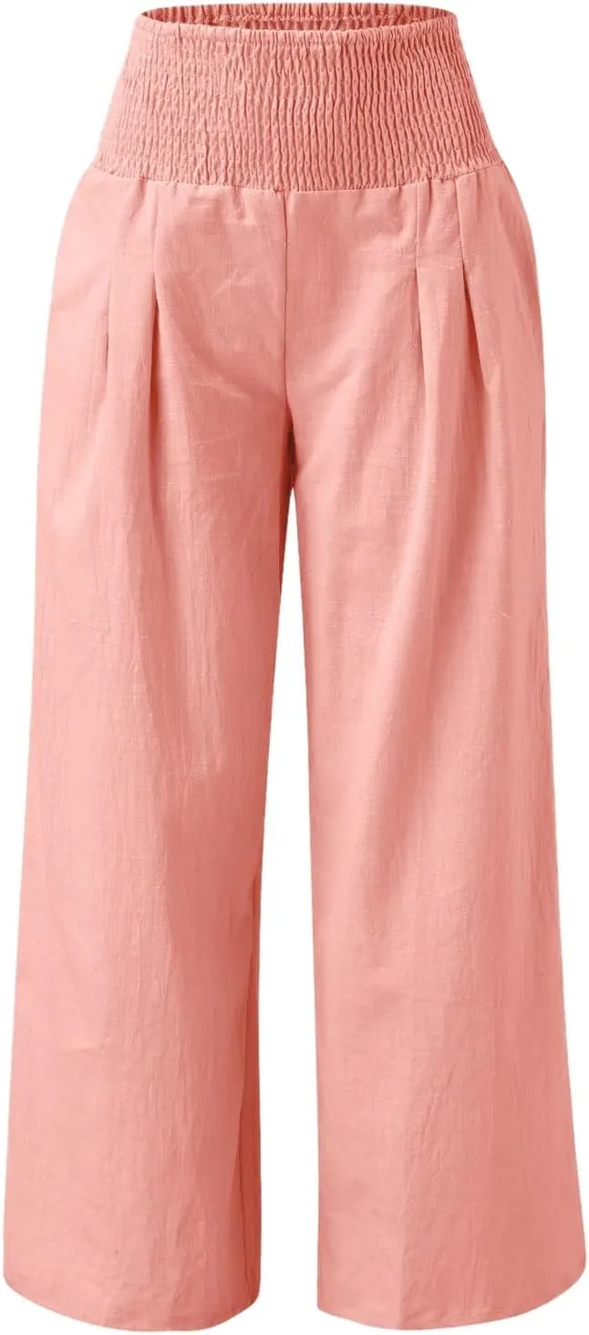 Palazzo Pants for Women Summer Boho Casual Wide Leg High Waist Lounge Linen Pants Beach Travel Vacation Trousers