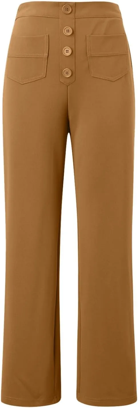 sdbrld Linen Pants Women High Waisted Lightweight Cotton Pants Button Straight Leg Trousers Summer Lounge Pants with Pockets