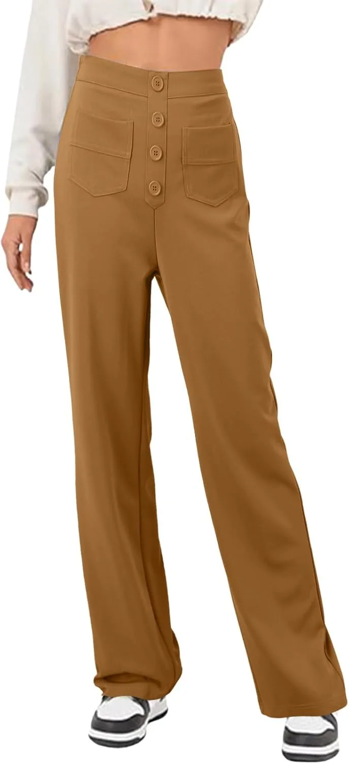 sdbrld Linen Pants Women High Waisted Lightweight Cotton Pants Button Straight Leg Trousers Summer Lounge Pants with Pockets