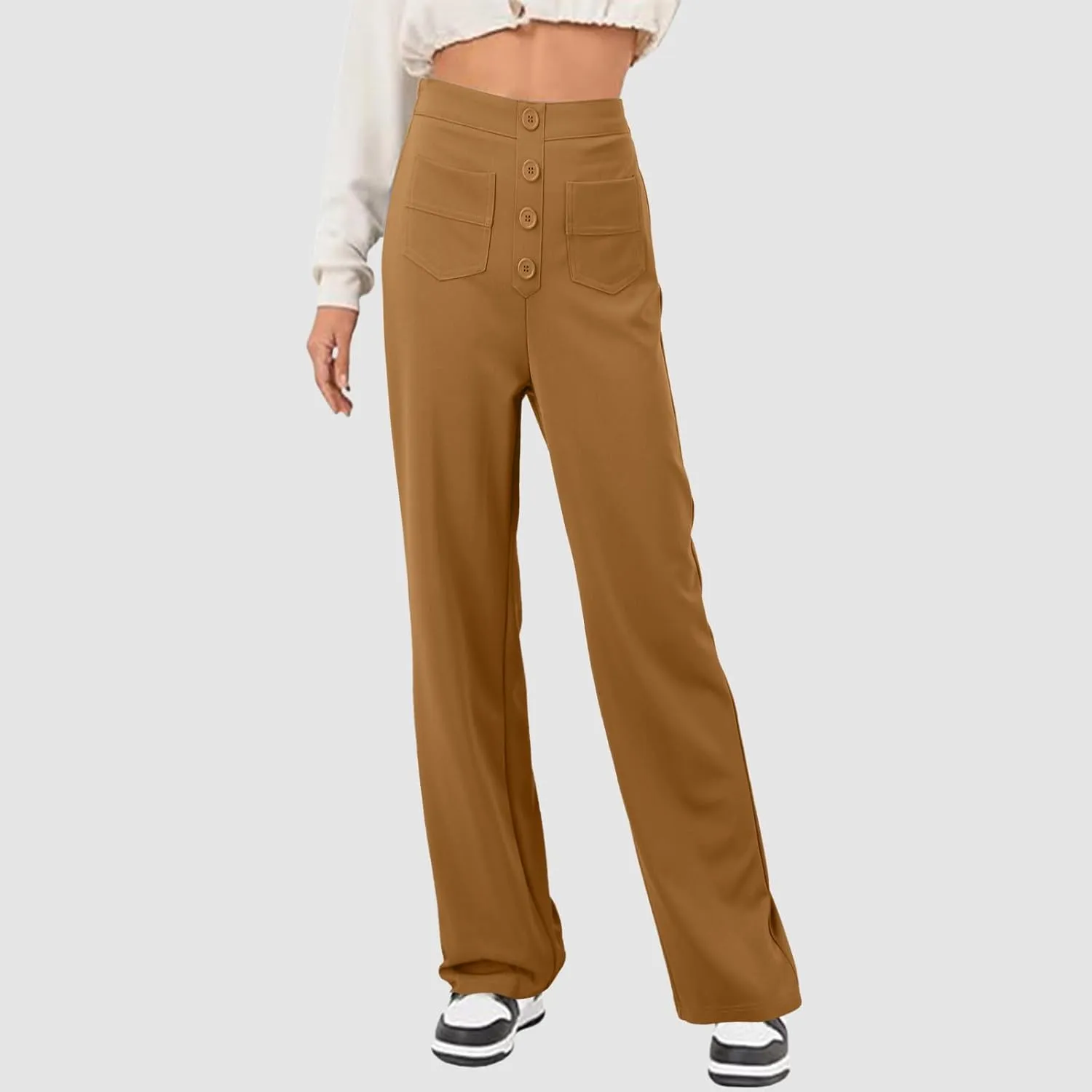sdbrld Linen Pants Women High Waisted Lightweight Cotton Pants Button Straight Leg Trousers Summer Lounge Pants with Pockets