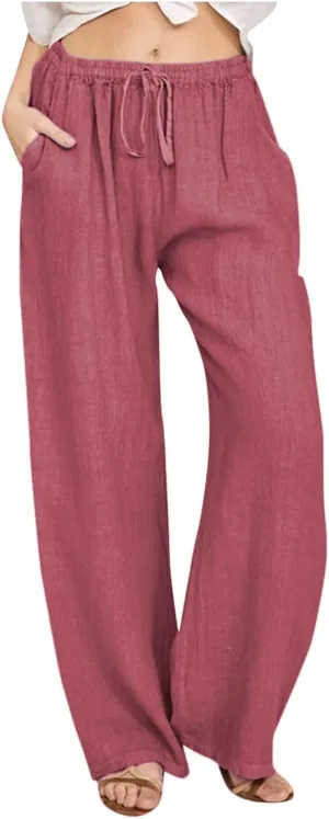 sdbrld Womens Cotton Linen Pants Casual Wide Leg Elastic Waisted Drawsting Trousers Summer Loose Comfy Pants with Pocket