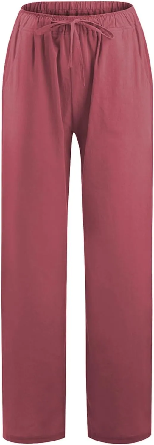 sdbrld Womens Cotton Linen Pants Casual Wide Leg Elastic Waisted Drawsting Trousers Summer Loose Comfy Pants with Pocket