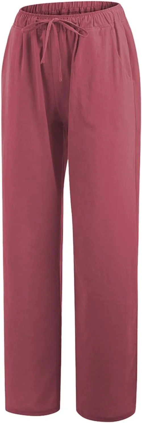 sdbrld Womens Cotton Linen Pants Casual Wide Leg Elastic Waisted Drawsting Trousers Summer Loose Comfy Pants with Pocket