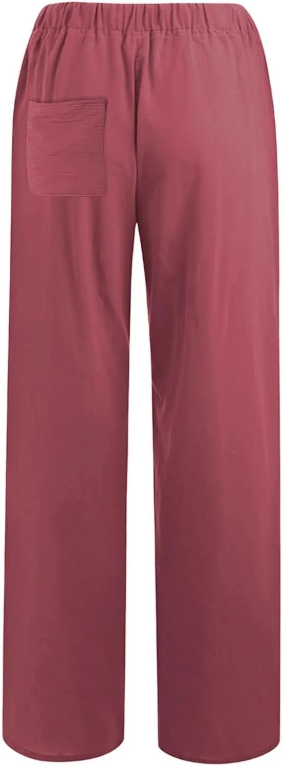 sdbrld Womens Cotton Linen Pants Casual Wide Leg Elastic Waisted Drawsting Trousers Summer Loose Comfy Pants with Pocket