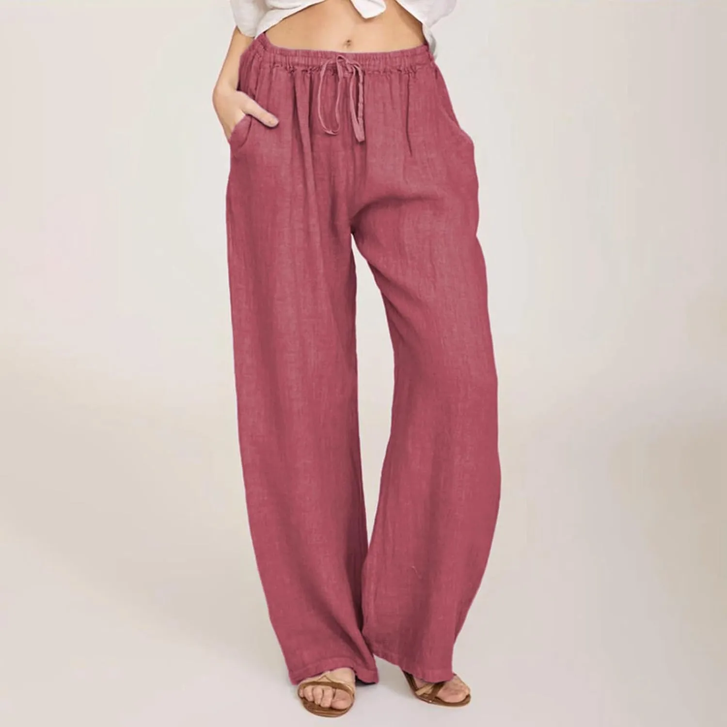 sdbrld Womens Cotton Linen Pants Casual Wide Leg Elastic Waisted Drawsting Trousers Summer Loose Comfy Pants with Pocket