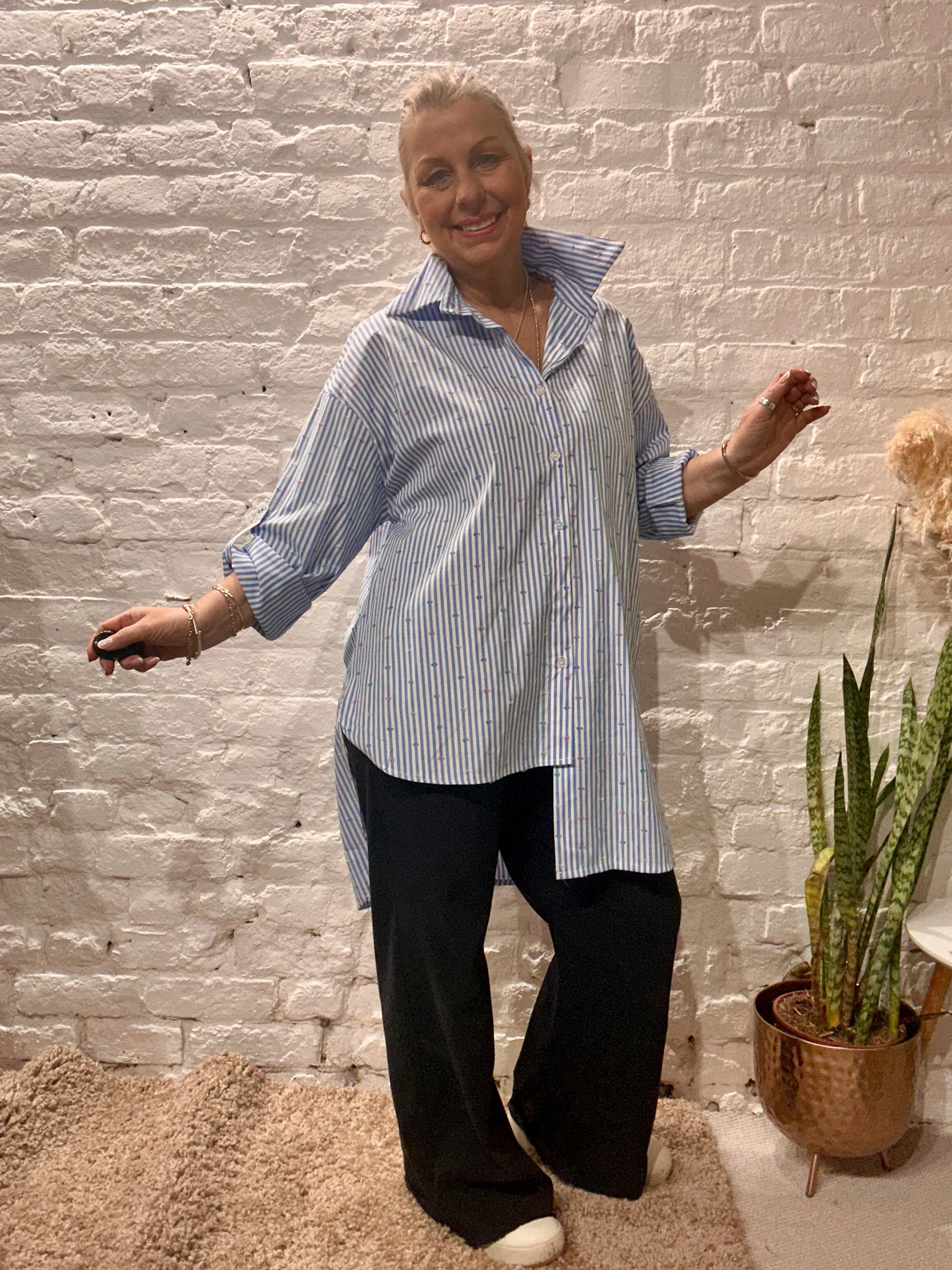 The Scewbutton pinstripe button through shirt.