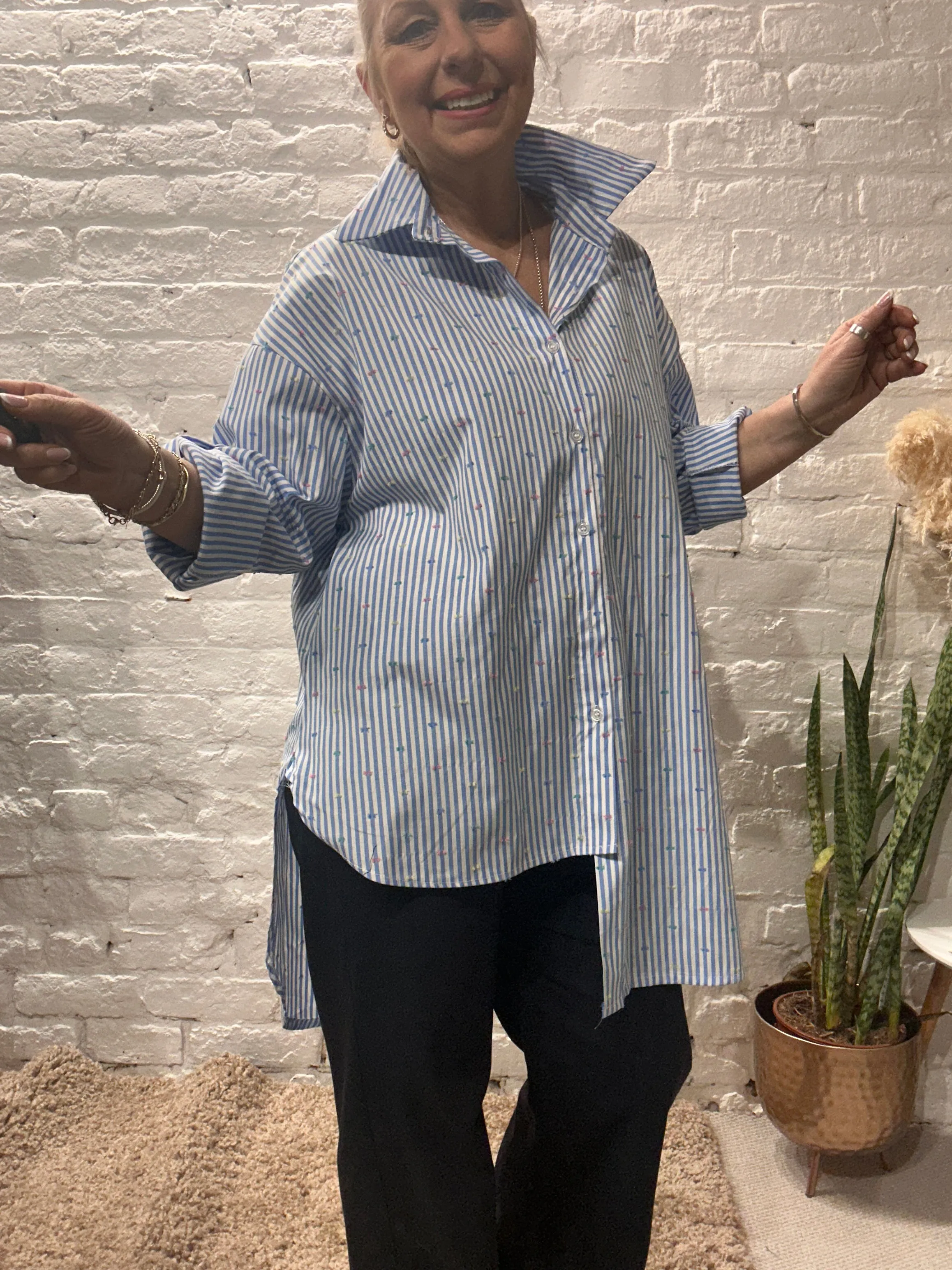 The Scewbutton pinstripe button through shirt.