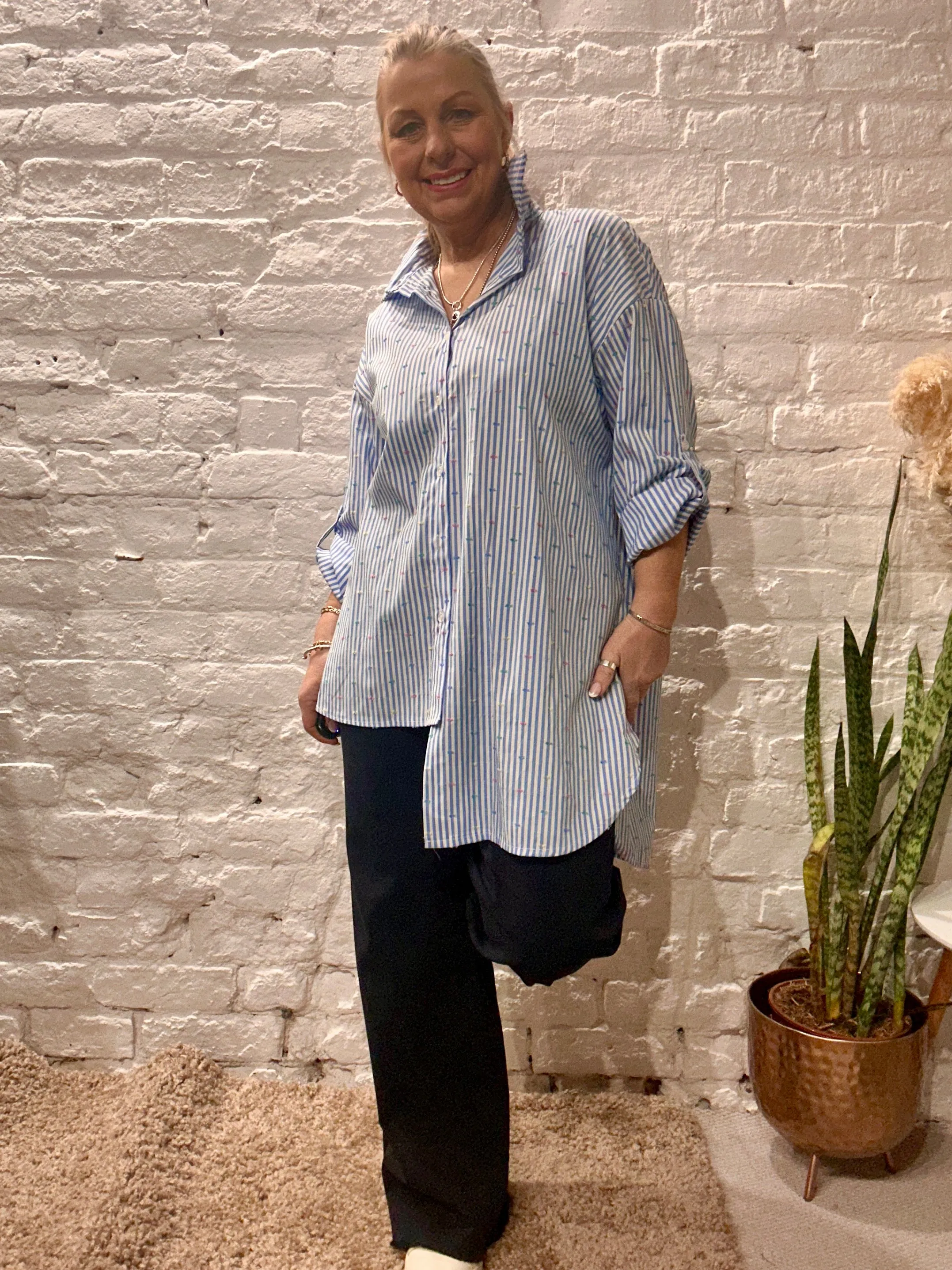 The Scewbutton pinstripe button through shirt.