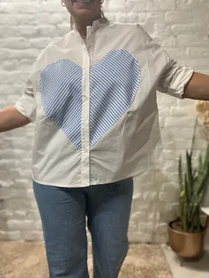 The stripe Heart Design Cotton Grandad button through shirt