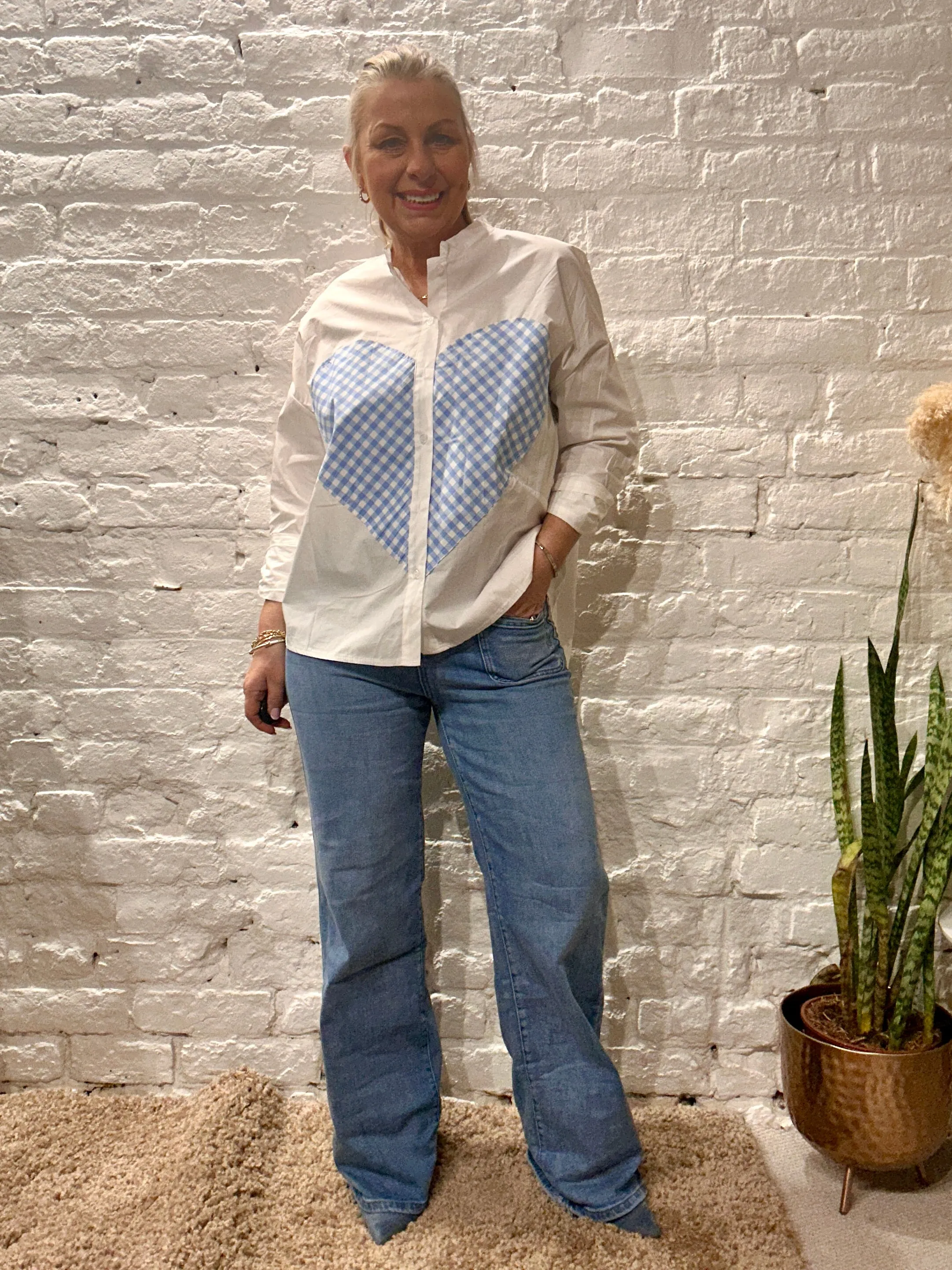 The stripe Heart Design Cotton Grandad button through shirt