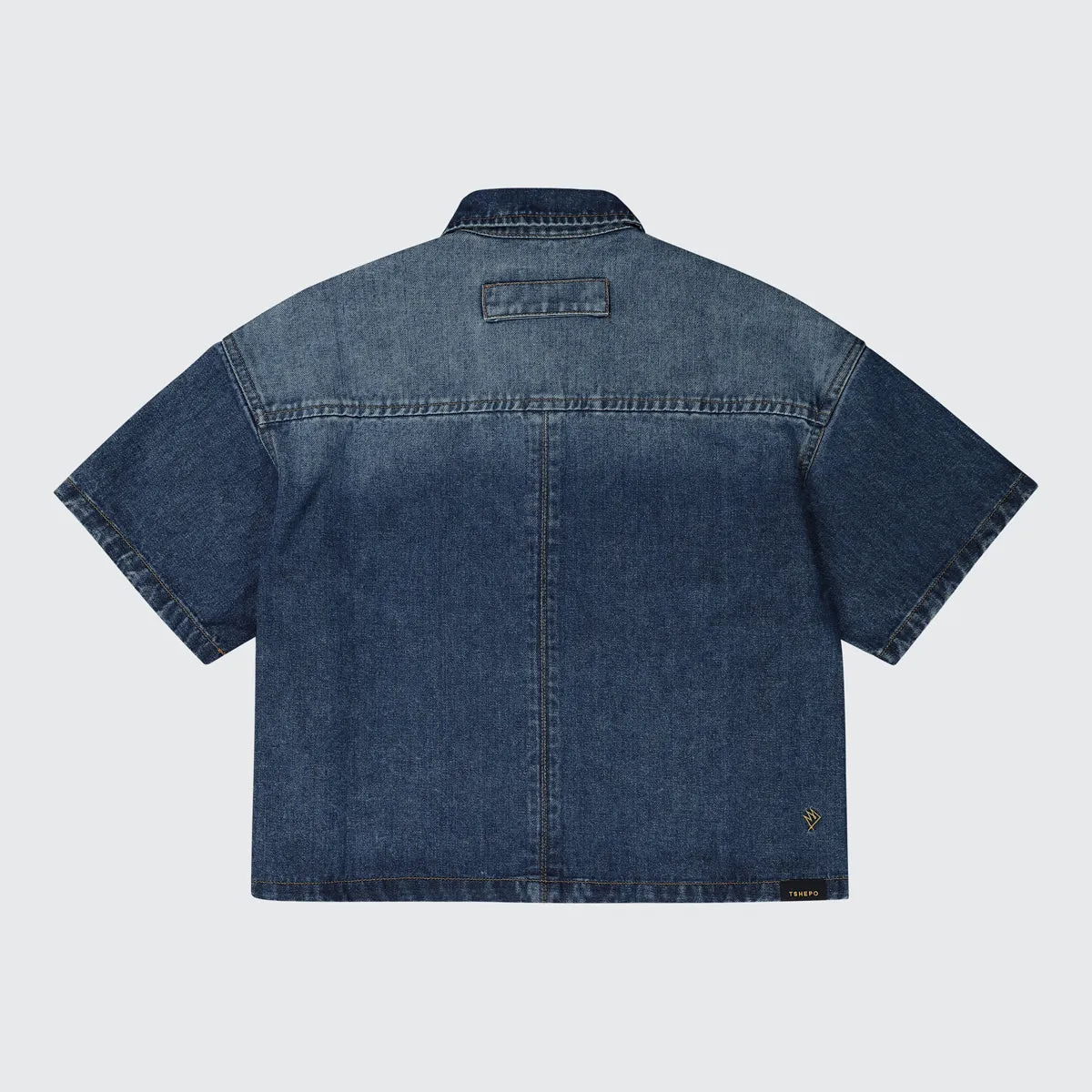 TSHEPO, LADIES CROPPED SHORT SLEEVE DENIM SHIRT, MID-BLUE