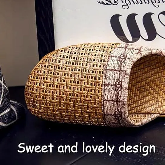 Women's Indoor Woven Straw Slippers Lightweight Breathable Silent Linen Sandals Comfortable Floor Shoes
