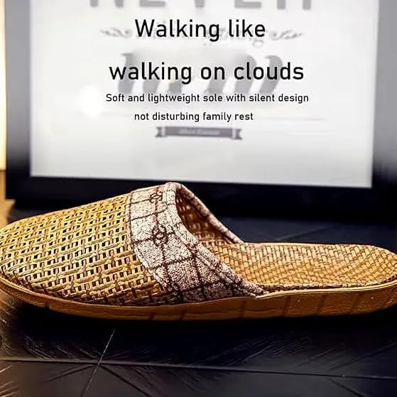 Women's Indoor Woven Straw Slippers Lightweight Breathable Silent Linen Sandals Comfortable Floor Shoes